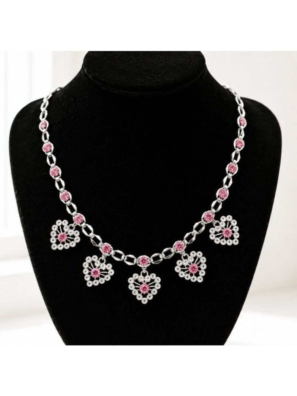 Vintage Silver-Tone Necklace With Pink Rhinestone Heart Pendants & Chain Links 1